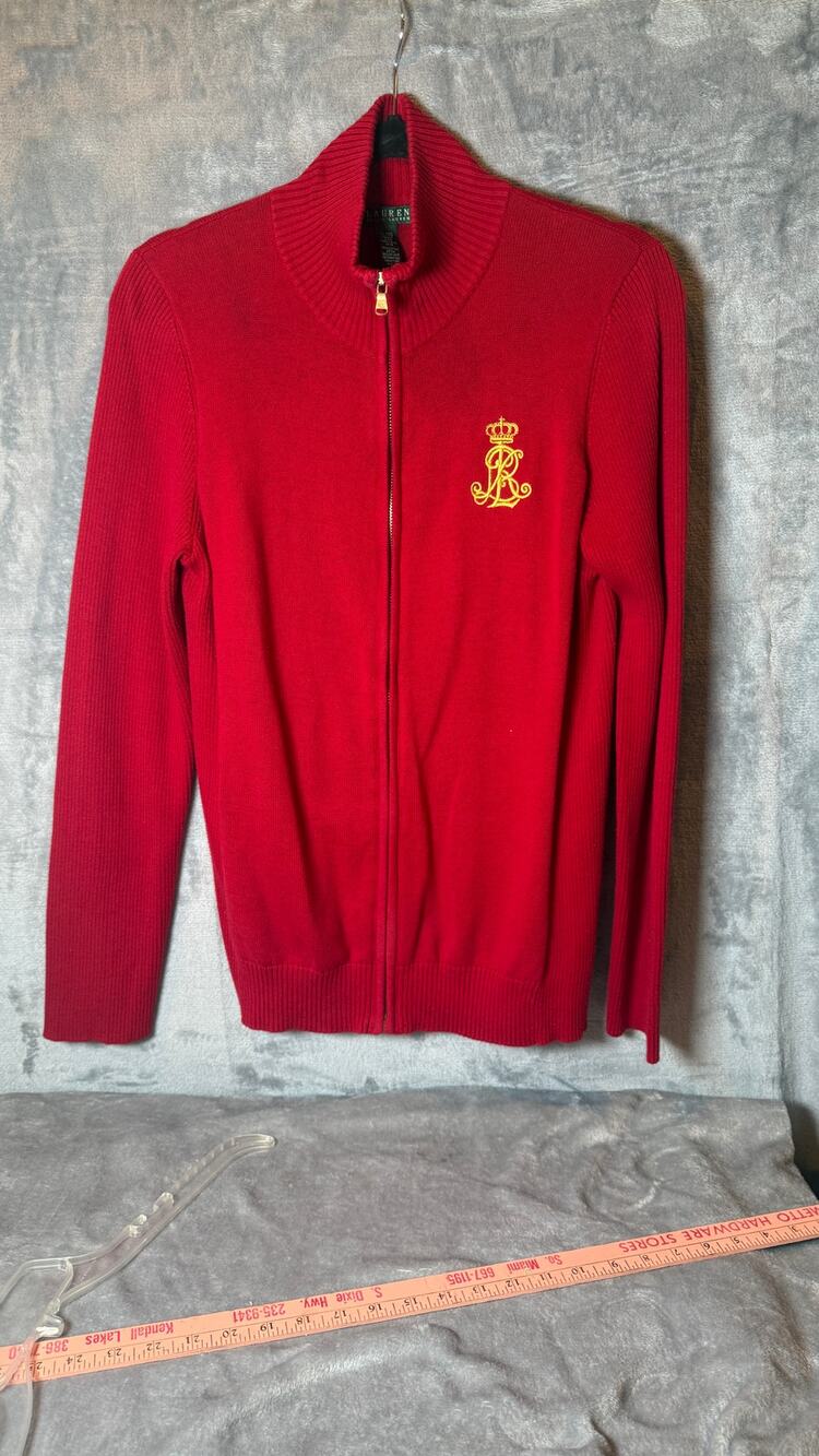 Lauren Ralph Lauren Women XL Red Full Zip Cotton Sweater Gold Crown Logo